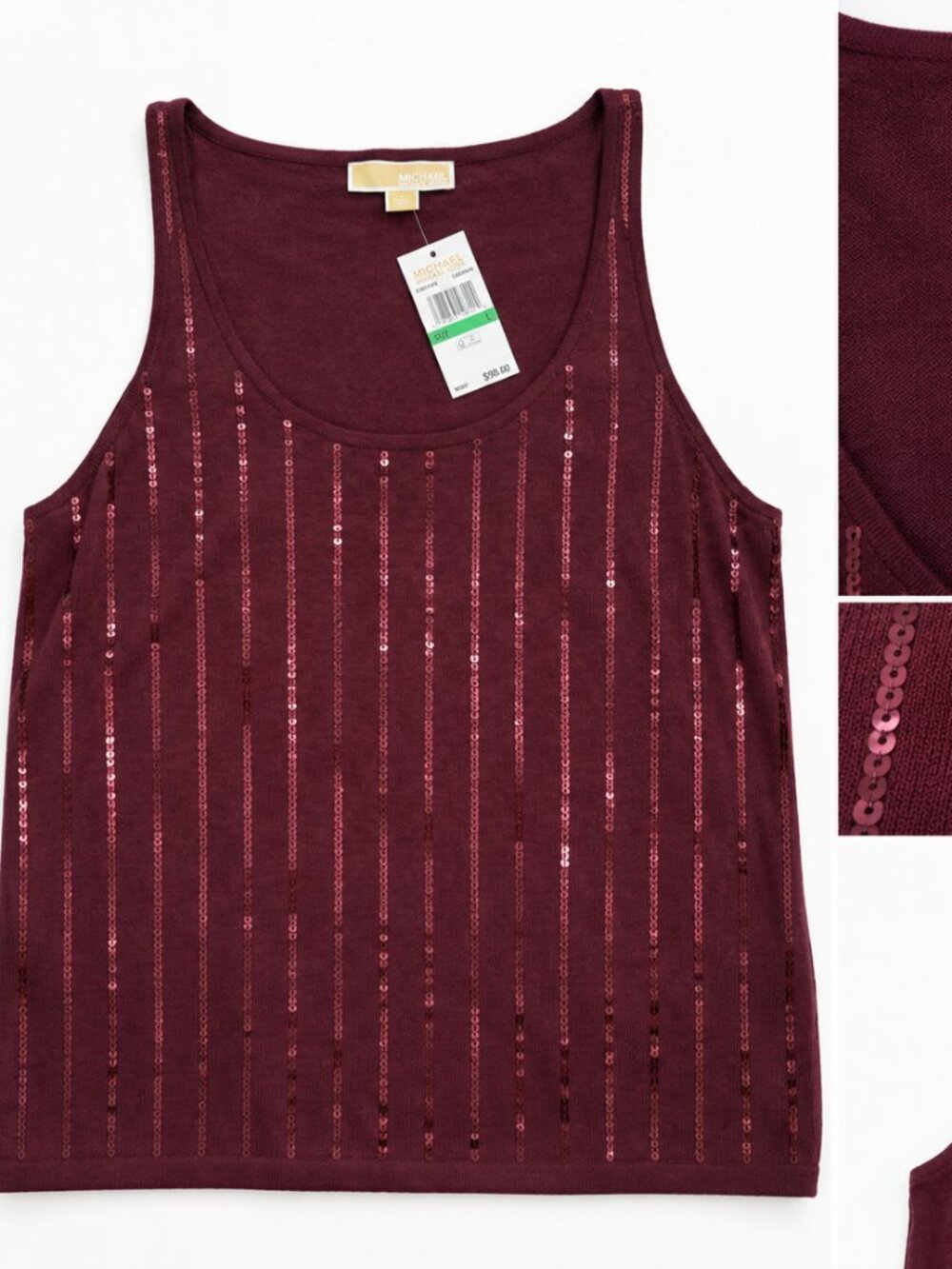 NWT Michael Kors Burgundy Sequin Sleeveless Knit Top Size Large